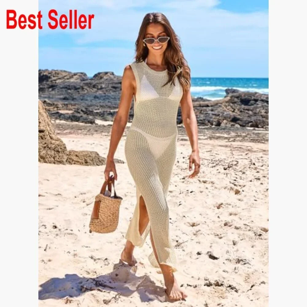 Sleeveless Hollow Knit Crochet Beach Dress Coverup